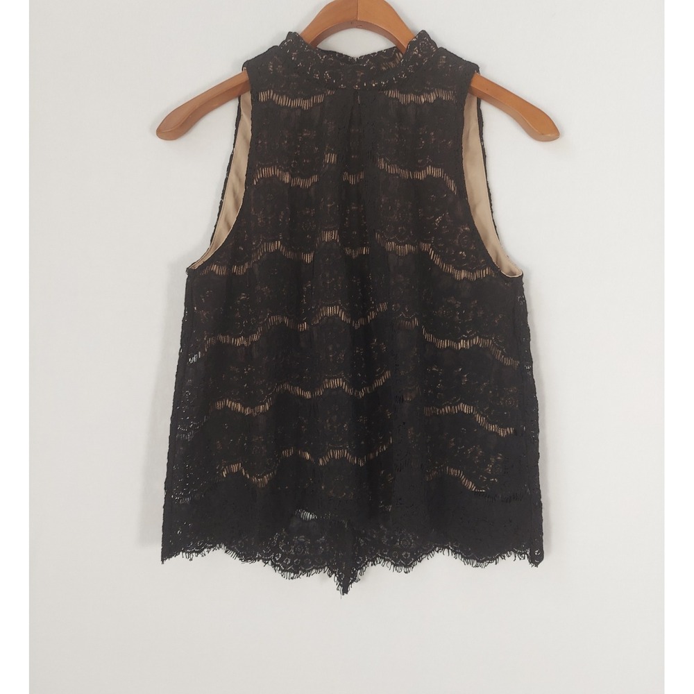 Womens Black Mock Neck Eyelash Lace Tank Sleeveless Scalloped Fairy Grunge Top S